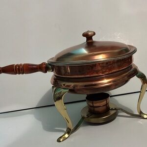 VINTAGE Copper Chafing Dish and Stand ~ Four Pieces ~ Copper Brass and Wood
